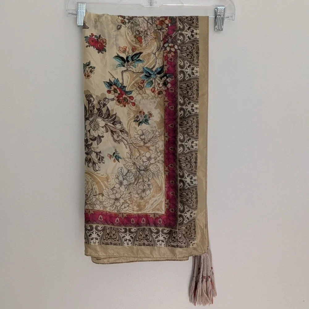 Johnny Was Silk Floral Paisley Scarf Beige Pink Tassel Fringe Boho 42x42 Square